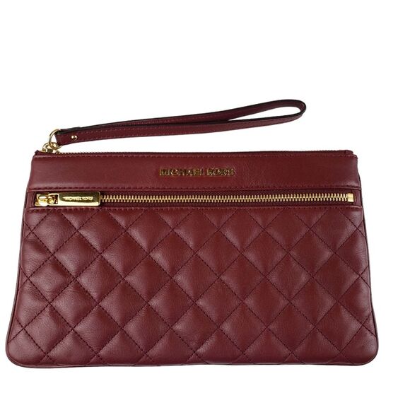 MICHAEL KORS Selma Zip Burgundy Quilted Large Leather Clutch &  Wristlet - Picture 1 of 11